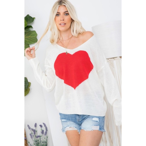 SOLD OUT White Red Heart Knit V-Neck Valentines Day Long Sleeve Relaxed Sweater - Picture 4 of 10